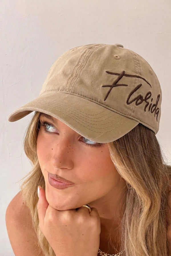 Women's Khaki Florida Script Embroidered Baseball Cap – Casual Style, Adjustable Fit, Perfect for Everyday Wear