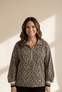 Women's Khaki Leopard Print Half-Zip Blouse with Ribbed Cuffs