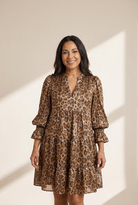 Women's Khaki Leopard Tiered Mini Dress with Ruffled Bracelet Sleeves