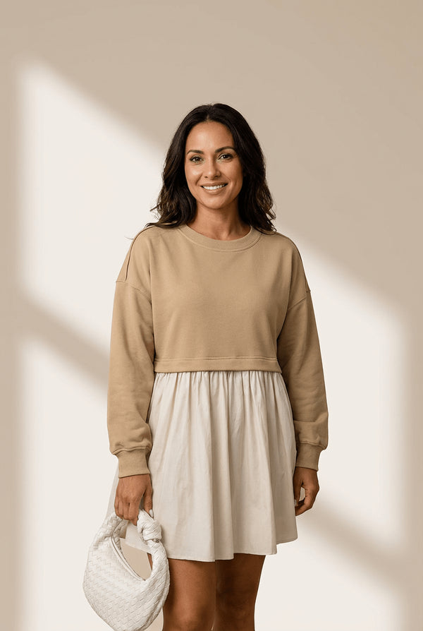 Women's Khaki Mixed Media Sweatshirt Poplin Mini Dress