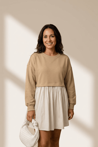 Women's Khaki Mixed Media Sweatshirt Poplin Mini Dress