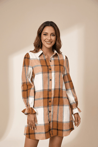 Women's Khaki Plaid Flounce Sleeve Shirt Dress in Cotton Blend