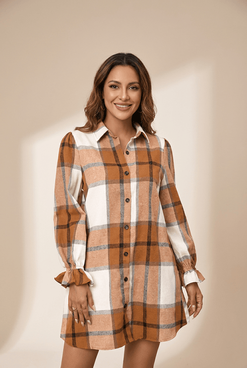 Women's Khaki Plaid Flounce Sleeve Shirt Dress in Cotton Blend
