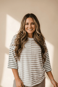 Women's Khaki Stripe Colorblock 3/4 Sleeve Loose-Fit Tee