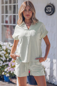 Women's Khaki Stripe Dolman Sleeve Polo Shirt with Matching Drawstring Shorts Set - Casual Chic Summer Outfit