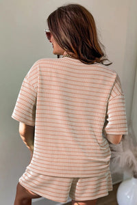 Khaki Stripe Raised Rib Loose Tee Drawstring Elastic Waist 2pcs Short Set