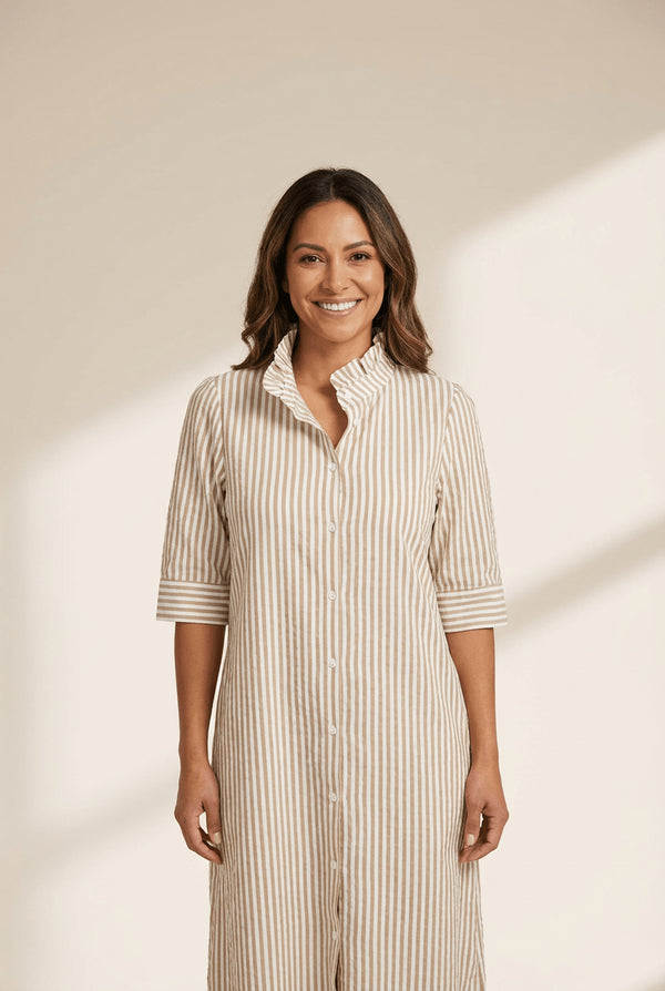 Women's Khaki Striped Ruffle Collar Maxi Dress with Half Sleeves