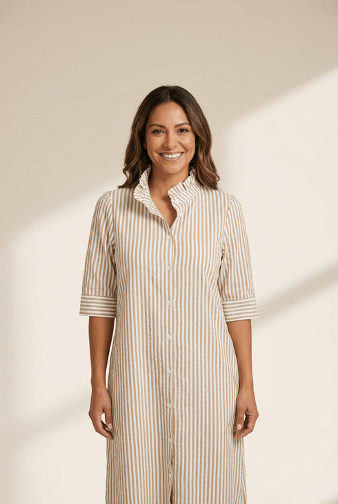 Women's Khaki Striped Ruffle Collar Maxi Dress with Half Sleeves