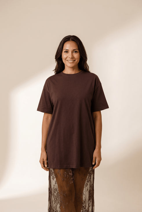 Women's Lace Patchwork T-Shirt Maxi Dress in Sandalwood Red