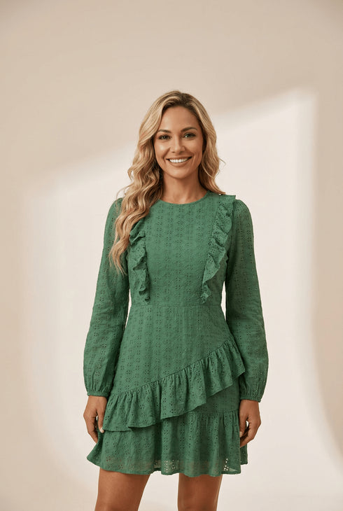 Women's Laurel Green Jacquard Ruffle Mini Dress with Long Sleeves