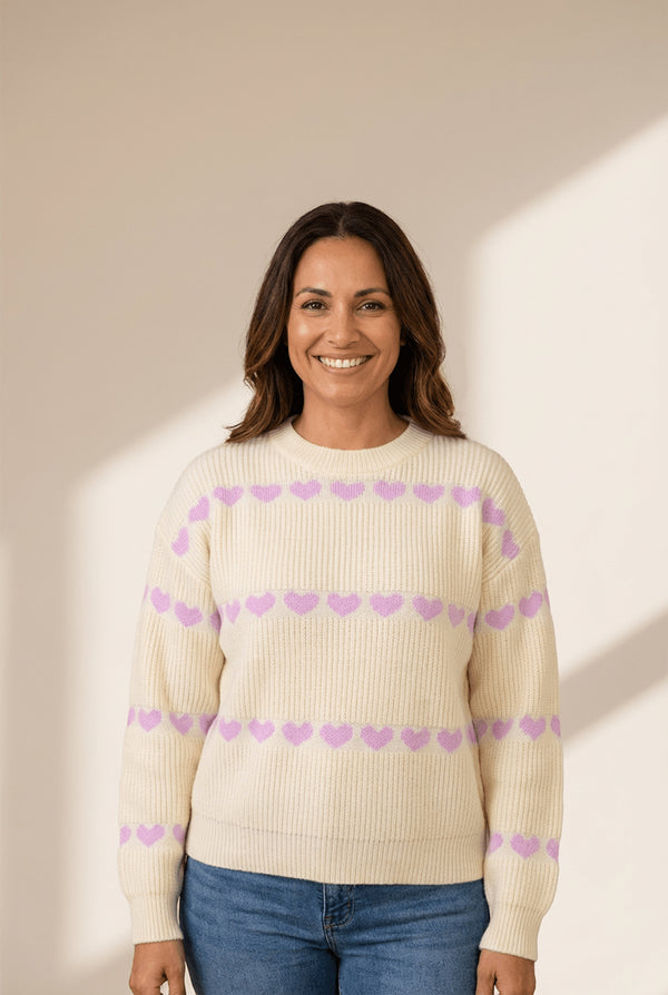 Women's Lavender Heart Ribbed Knit Sweater in Cream