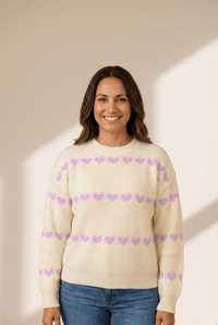 Women's Lavender Heart Ribbed Knit Sweater in Cream