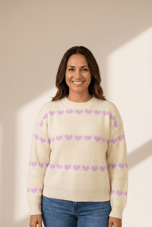 Women's Lavender Heart Ribbed Knit Sweater in Cream