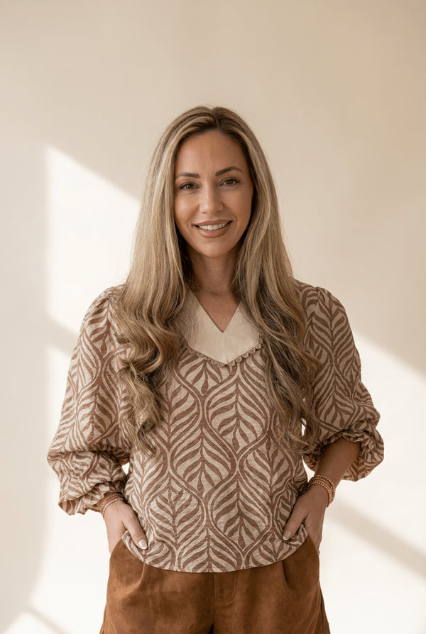 Women's Leaf Print Scalloped V-Neck Puff Sleeve Blouse