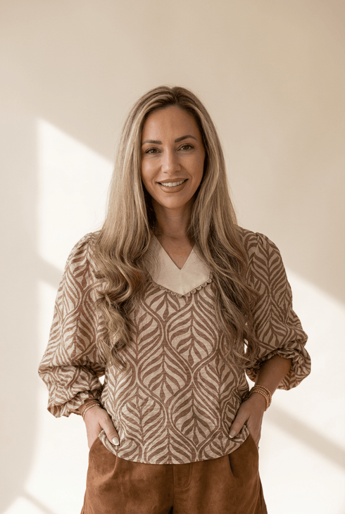 Women's Leaf Print Scalloped V-Neck Puff Sleeve Blouse