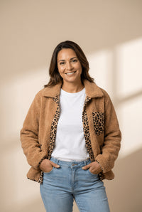 Women's Leopard Accent Camel Sherpa Jacket with Patch Pockets