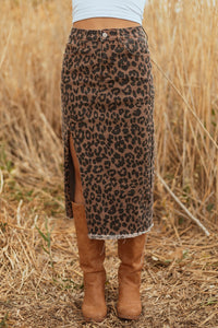 Women's Leopard Print Denim Midi Skirt with Side Slit