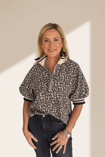 Brown Leopard Print Half Zip Striped Webbing Patchwork Short Sleeve Top