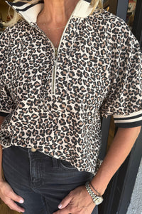Brown Leopard Print Half Zip Striped Webbing Patchwork Short Sleeve Top