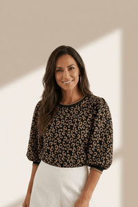 Women's Leopard Print Puffed Sleeve Blouse with Round Neckline
