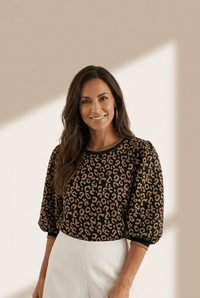 Women's Leopard Print Puffed Sleeve Blouse with Round Neckline