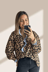 Women's Leopard Print Ruffle Blouse with Striped Contrast