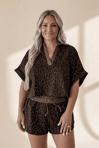 Women's Leopard Print V-Neck Top & Drawstring Short Set