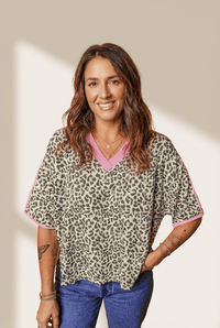 Women's Leopard Print V-Neck Varsity Tee with Pink Contrast