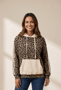 Women's Leopard Print Waffle Knit Hoodie with Kangaroo Pocket