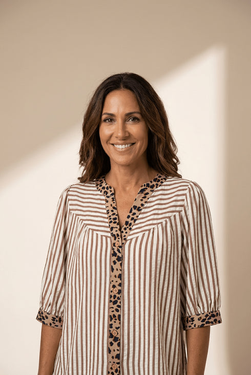 Women's Leopard-Trim Striped V-Neck Half Sleeve Blouse