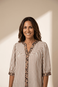 Women's Leopard-Trim Striped V-Neck Half Sleeve Blouse