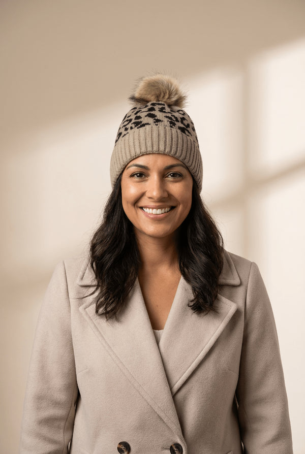 Women's Light Beige Leopard Knit Beanie with Faux Fur Pom