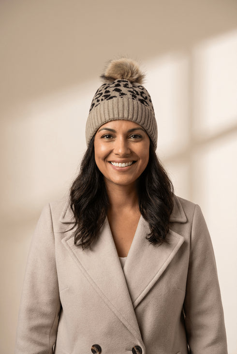 Women's Light Beige Leopard Knit Beanie with Faux Fur Pom