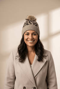 Women's Light Beige Leopard Knit Beanie with Faux Fur Pom