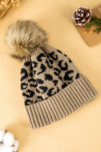 Light French Beige Faux Fur Pompom Leopard Knit Beanie