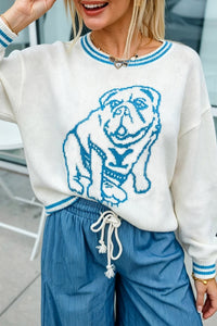 Women's Light Blue Casual Sweater with Bulldog Contrast Trim and Round Neck