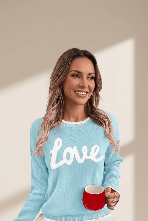 Women's Light Blue Chenille Love Graphic Sweater with Stitch Trim