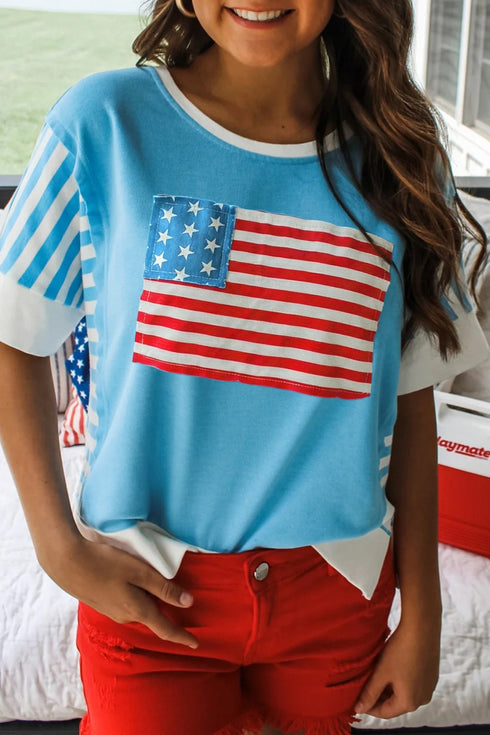 Women's Light Blue Colorblock July 4th T-Shirt with Flag Print - Casual Fit and Stylish Patchwork Design