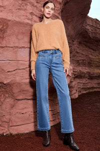 Light Blue Double Button High Rise Straight Leg Jeans