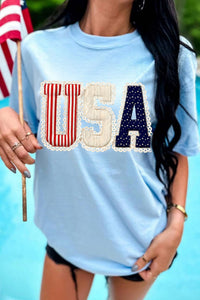 women's light blue patriotic graphic tee - cozy casual top for independence day festivities and daily outfits with practical styling and dependable