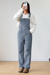women's light blue retro denim jumpsuit with bib pocket and buckle straps - casual chic style for effortless everyday wear with practical styling and