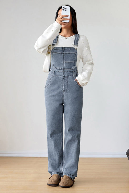 women's light blue retro denim jumpsuit with bib pocket and buckle straps - casual chic style for effortless everyday wear with practical styling and