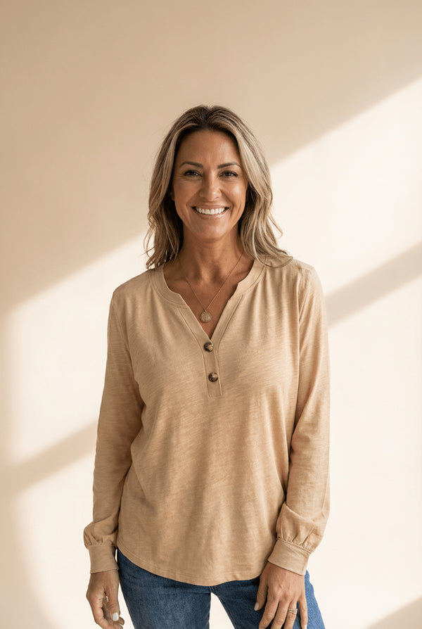 Women's Light French Beige Long Sleeve V-Neck Henley Blouse