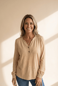 Women's Light French Beige Long Sleeve V-Neck Henley Blouse