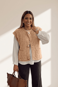 Women's Light French Beige Textured Vest with Metallic Accents