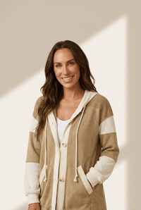 Women's Light French Beige Waffle Knit Color Block Hoodie