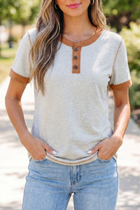Women's Light Grey Color Block Henley Tee - Casual Button-Up Top with Raw Seam Detail for Effortless Everyday Style