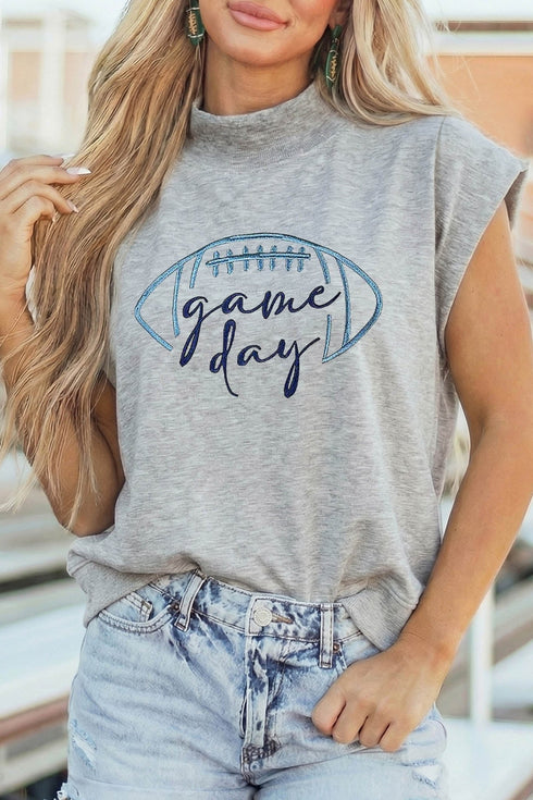 Women's Light Grey Embroidered High Neck Short Sleeve Top for Game Day Style and All-Day Comfort