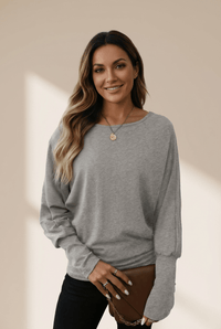
Women's Light Grey Long Sleeve Shift Top with Extended Cuffs