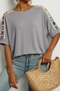 Women's Grey Knit T-Shirt with Crochet Sleeve Detail